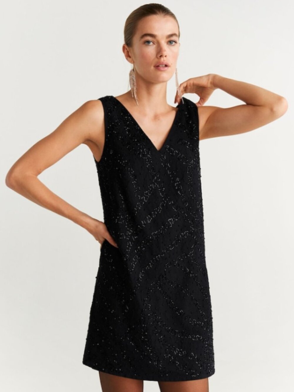 Mango Y2K Beaded Little Black Dress Sz 4 Minimalist Classic Chic Cocktail Dress